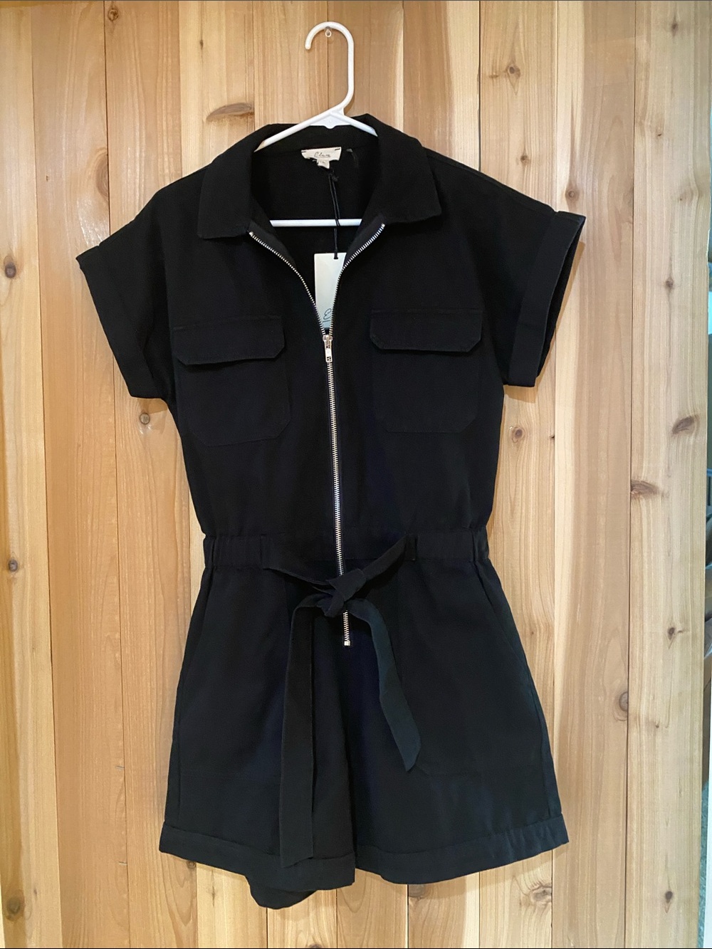Elan Black Short Sleeve Zip Romper with Waist Tie